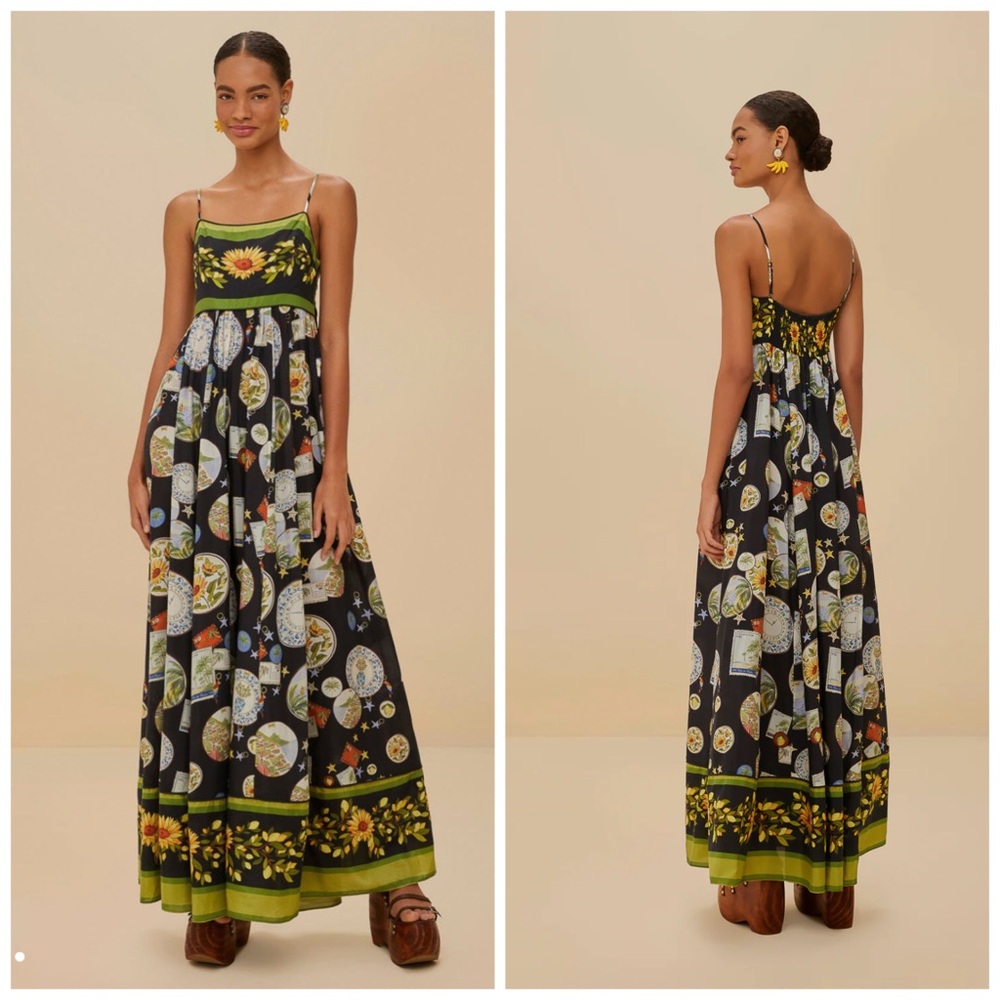 FARM Rio Black Trip Souvenir Maxi Dress Black Large Floral - Picture 1 of 8
